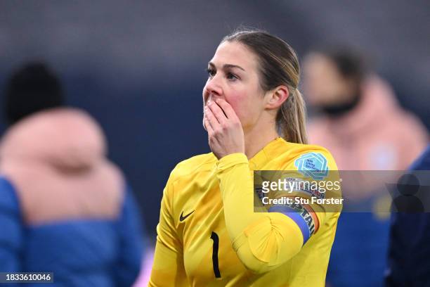 Mary Earps of England reacts after the UEFA Womens Nations League match between Scotland and England at Hampden Park on December 05, 2023 in Glasgow,...