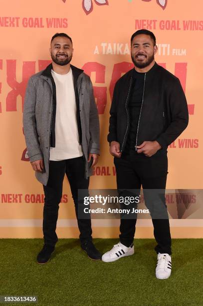 Telusa Veainu and Manu Tuilagi attend the "Next Goal Wins" Special Screening event at Cineworld Leicester Square on December 05, 2023 in London,...