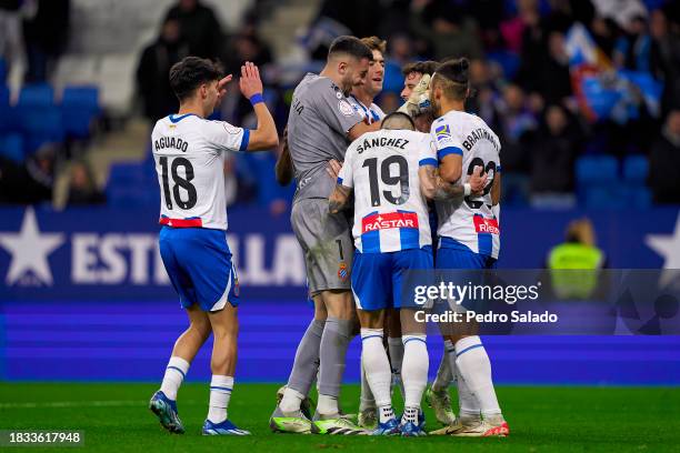 Players of RCD Espanyol celebrate their team's third goal during the Copa del Rey second round match between RCD Espanyol and Real Valladolid at...