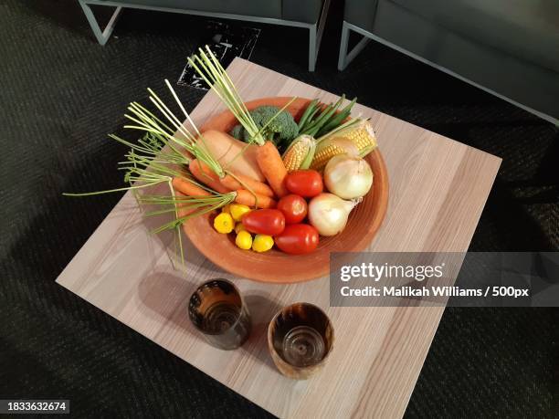 high angle view of fruits on table - malikah stock pictures, royalty-free photos & images