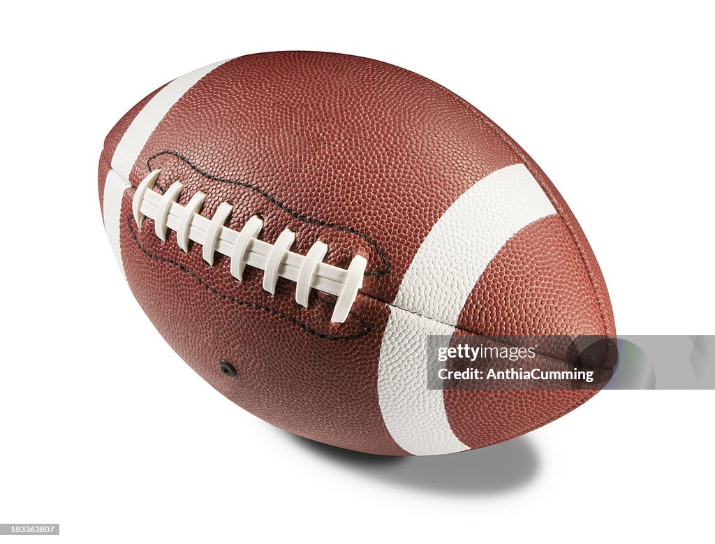 Brown and white American football on white background