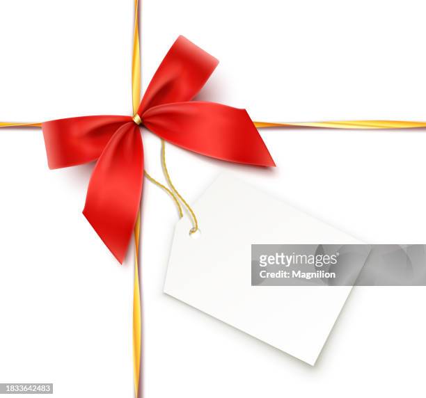 stockillustraties, clipart, cartoons en iconen met red gift bow with thin gold ribbons and tag - raffia