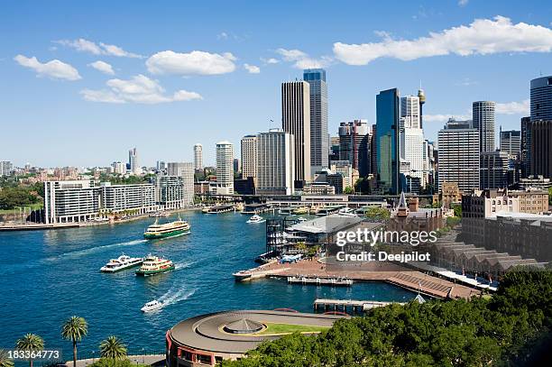 aerial view of sydney and circular quay city skyline australia - circular quay stock pictures, royalty-free photos & images