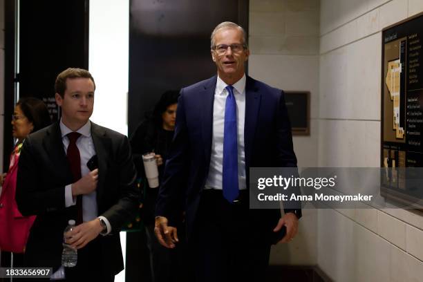 Sen. John Thune departs from an all-senators closed briefing where they heard from Ukrainian President Volodymyr Zelensky via video conference at the...