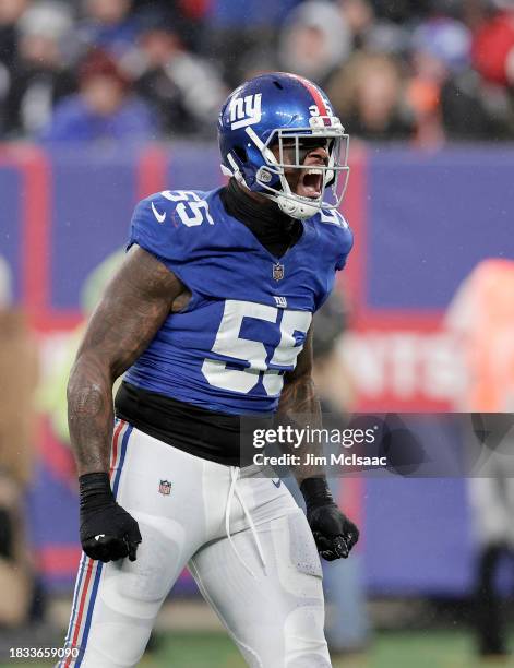 Jihad Ward of the New York Giants in action against the New England Patriots at MetLife Stadium on November 26, 2023 in East Rutherford, New Jersey....