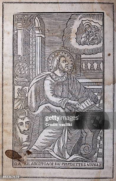 luke the evangelist - bible page stock illustrations