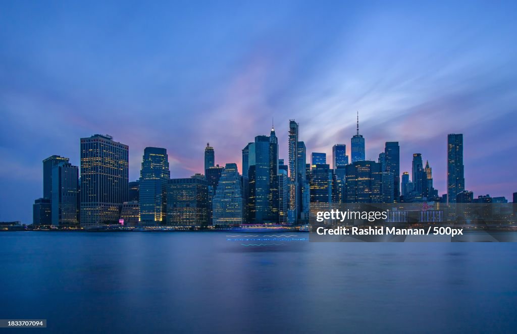 View of city at waterfront,New York,United States,USA