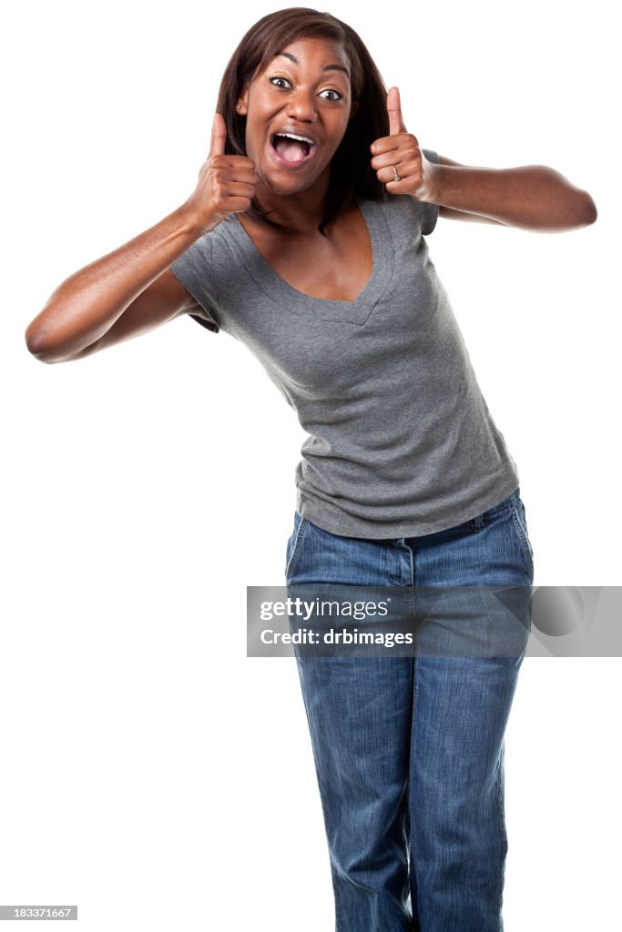 Happy young woman giving two thumbs up