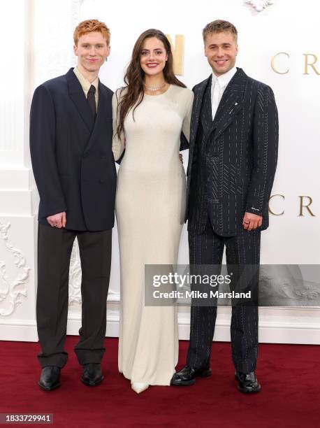 Luther Ford, Meg Bellamy and Ed McVey attend "The Crown" Finale Celebration at The Royal Festival Hall on December 05, 2023 in London, England.