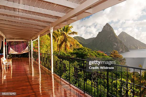 sit in hammock and enjoy twin piton view - metal decking stock pictures, royalty-free photos & images