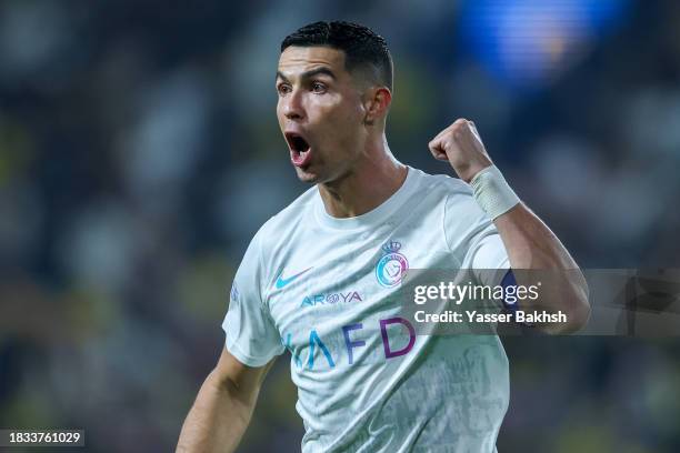 Cristiano Ronaldo of Al Nassr reacts during the Saudi Pro League match between Al-Nassr and Al-Riyadh at King Saud University Stadium on December 8,...