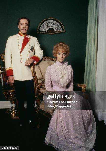 British actor Peter Sellers and his wife, actress Lynne Frederick in costume during the filming of The Prisoner of Zenda in Vienna, Austria circa...