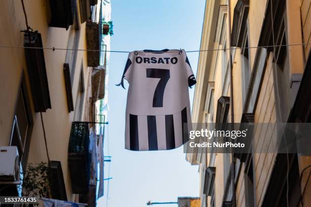 Juventus jersey with Orsato italian referee surname is seen in Naples, Italy, on December 7th, 2023. Juventus is one of the main rivals of Napoli. On...