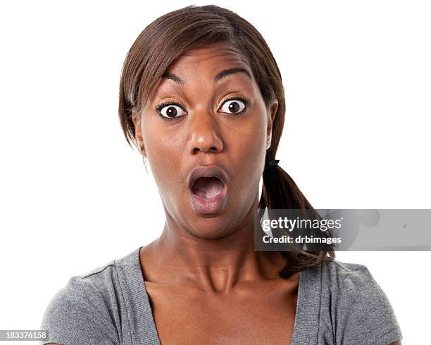 shocked young woman gasps - surprised face stockfoto's en -beelden