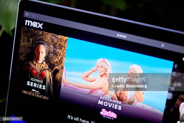 The Max website on a laptop computer arranged in New York, US, on Friday, Dec. 8, 2023. Independent film company A24 will run its new movies...