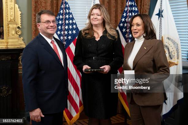 Vice President Kamala Harris, right, during a ceremonial swearing in of Edgard Kagan, US ambassador to Malaysia, left, with spouse Cynthia Gire,...