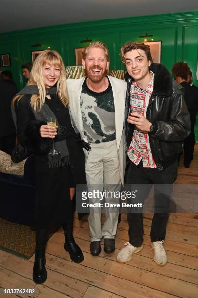 Lucy Brown, Alistair Guy and Sascha Bailey attend Alistair Guy's birthday cocktail party at Hackett London, Savile Row, on December 8, 2023 in...