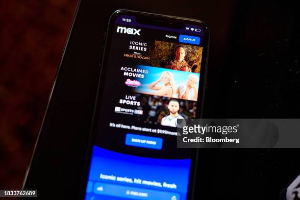 The Max website on a smartphone arranged in New York, US, on Friday, Dec. 8, 2023. Independent film company A24 will run its new movies exclusively...