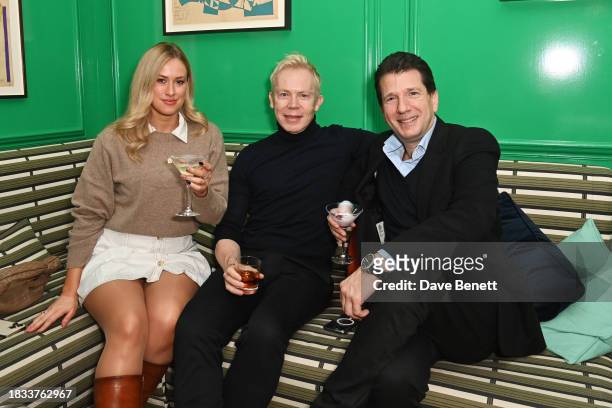 Hannah Park, Paul Newrick and Savile Row Gin Founder & CEO Stewart Lee attend Alistair Guy's birthday cocktail party at Hackett London, Savile Row,...