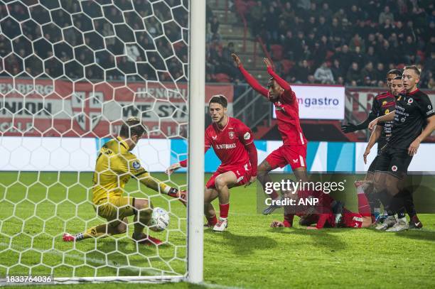 Excelsior Rotterdam goalkeeper Stijn van Gassel, Ricky van Wolfswinkel of FC Twente during the Dutch Eredivisie match between FC Twente and Excelsior...
