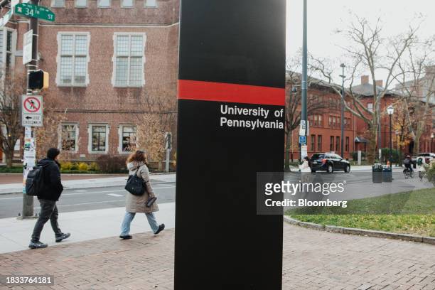 Sign for the University of Pennsylvania on campus in Philadelphia, Pennsylvania, US, on Friday, Dec. 8, 2023. Penn was sued by a pair of students who...