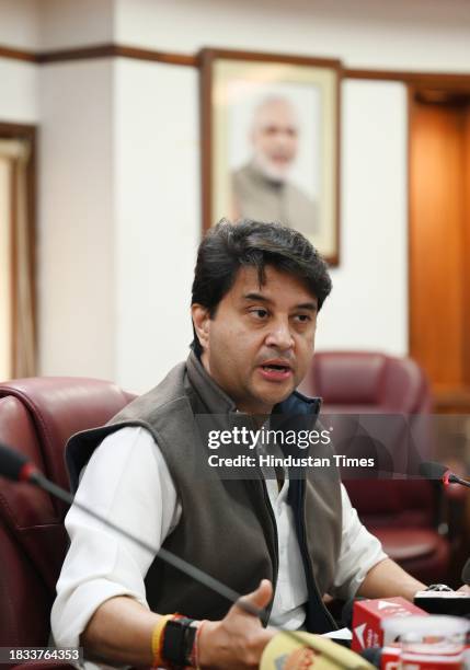 Minister of Civil Aviation & Steel Jyotiraditya M. Scindia addressed the media personnel during a press conference at Rajiv Gandhi Bhawan, on...