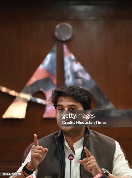 Minister of Civil Aviation & Steel Jyotiraditya M. Scindia addressed the media personnel during a press conference at Rajiv Gandhi Bhawan, on...