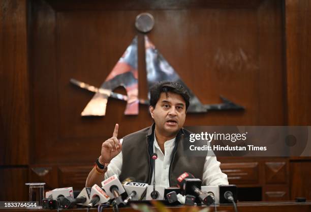 Minister of Civil Aviation & Steel Jyotiraditya M. Scindia addressed the media personnel during a press conference at Rajiv Gandhi Bhawan, on...