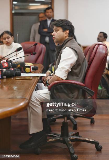 Minister of Civil Aviation & Steel Jyotiraditya M. Scindia addressed the media personnel during a press conference at Rajiv Gandhi Bhawan, on...