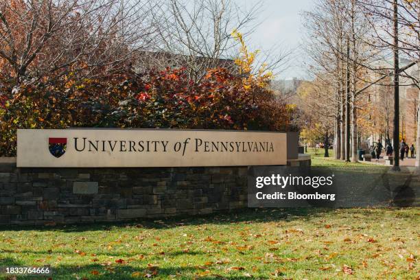 Sign for the University of Pennsylvania on campus in Philadelphia, Pennsylvania, US, on Friday, Dec. 8, 2023. Penn was sued by a pair of students who...