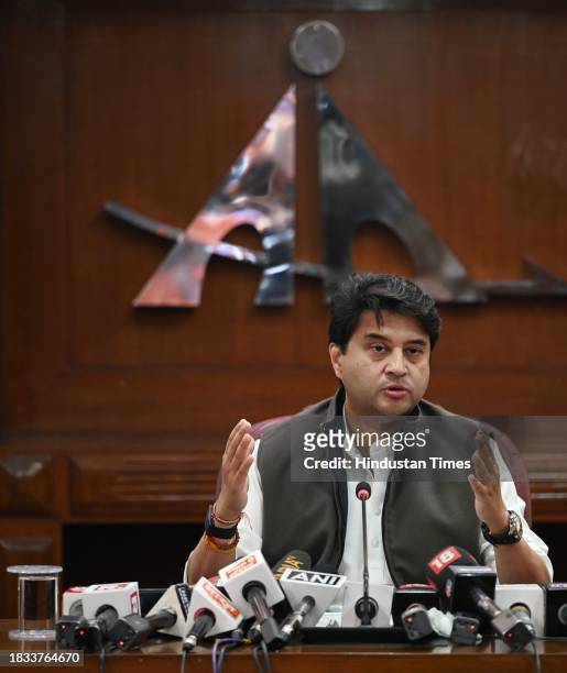 Minister of Civil Aviation & Steel Jyotiraditya M. Scindia addressed the media personnel during a press conference at Rajiv Gandhi Bhawan, on...