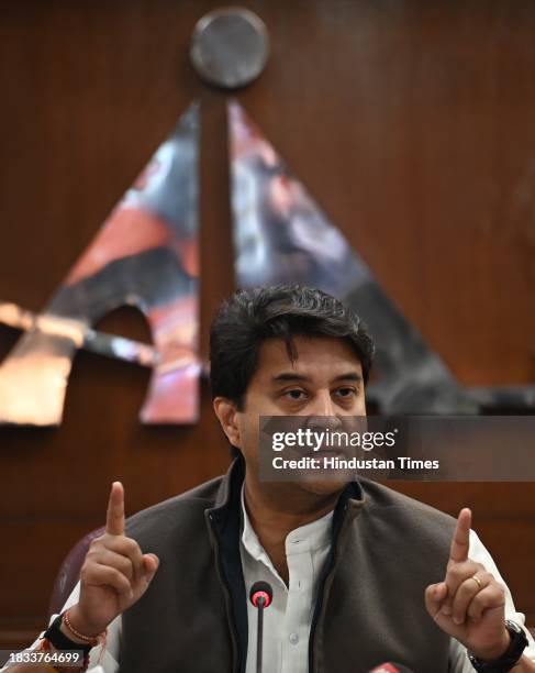 Minister of Civil Aviation & Steel Jyotiraditya M. Scindia addressed the media personnel during a press conference at Rajiv Gandhi Bhawan, on...