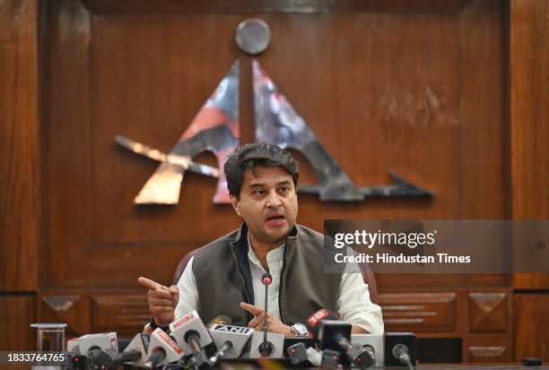 Minister of Civil Aviation & Steel Jyotiraditya M. Scindia addressed the media personnel during a press conference at Rajiv Gandhi Bhawan, on...