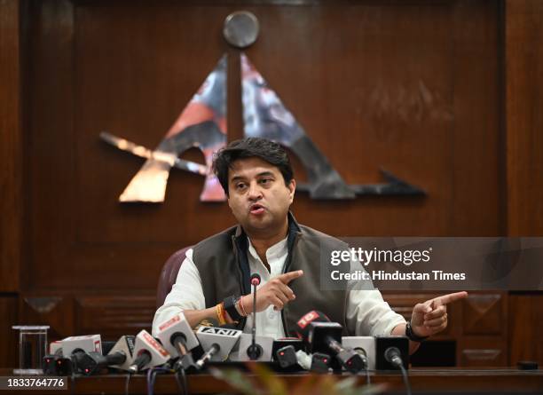 Minister of Civil Aviation & Steel Jyotiraditya M. Scindia addressed the media personnel during a press conference at Rajiv Gandhi Bhawan, on...