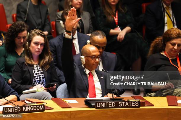 Ambassador Alternate Representative of the US for Special Political Affairs in the United Nations Robert A. Wood raises his hand during a United...