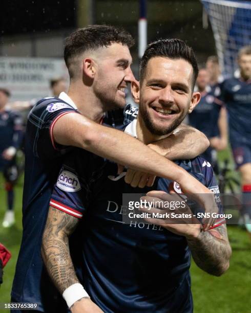 Raith's Dylan Easton celebrates scoring to make it 2-0 with teammate Shaun Byrne during a cinch Championship match between Raith Rovers and Partick...