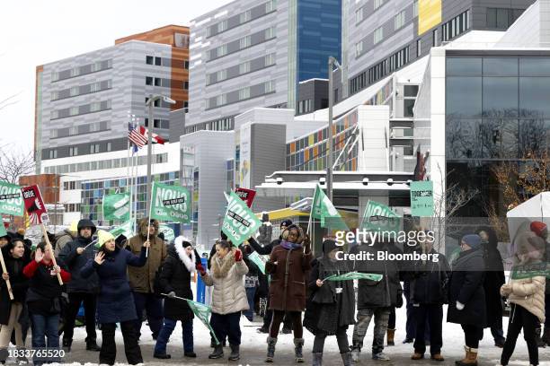Public sector workers and supporters during a strike outside McGill University Health Centre in Montreal, Quebec, Canada, on Friday, Dec. 8, 2023. As...