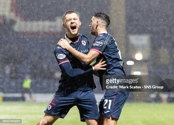 Raith's Callum Smith celebrates scoring to make it 3-3 with teammate Shaun Byrne during a cinch Championship match between Raith Rovers and Partick...
