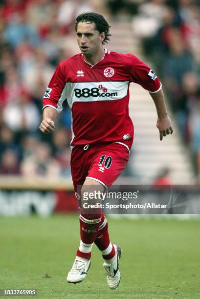 September 10: Fabio Rochemback of Middlesbrough running during the Premier League match between Middlesbrough and Arsenal at Riverside Stadium on...