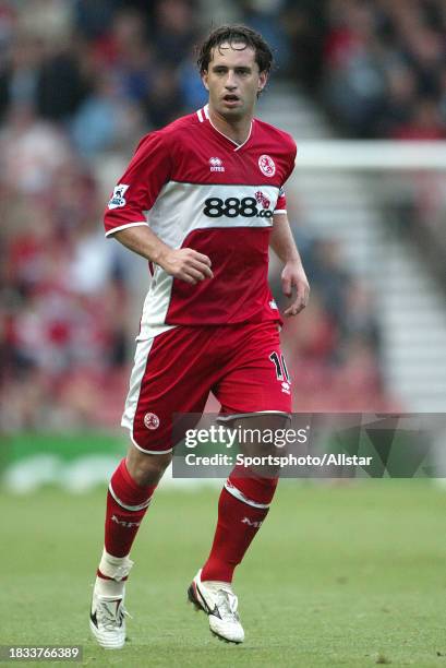 September 10: Fabio Rochemback of Middlesbrough running during the Premier League match between Middlesbrough and Arsenal at Riverside Stadium on...