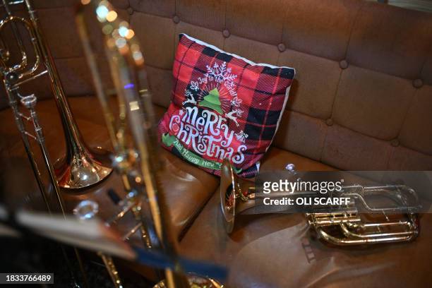 Instruments belonging to members of The Loxley Silver Band are seen during a break in their performance at The Sportsman pub in the Crosspool area of...