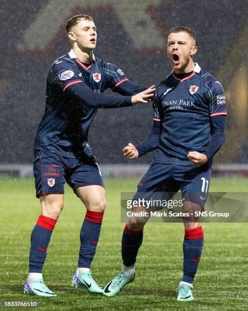 Raith's Callum Smith celebrates scoring to make it 3-3 with teammate Jack Hamilton during a cinch Championship match between Raith Rovers and Partick...