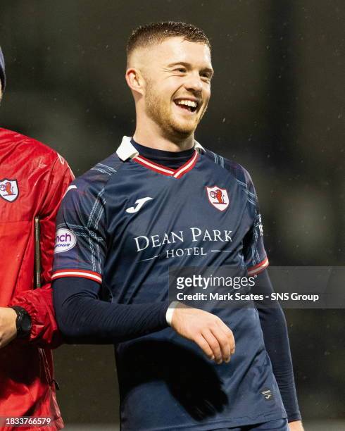 Raith's Callum Smith celebrates at full time during a cinch Championship match between Raith Rovers and Partick Thistle at Stark's Park, on December...