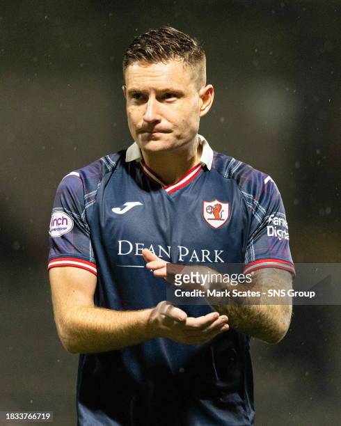 Raith's Euan Murray applauds fans at full time during a cinch Championship match between Raith Rovers and Partick Thistle at Stark's Park, on...