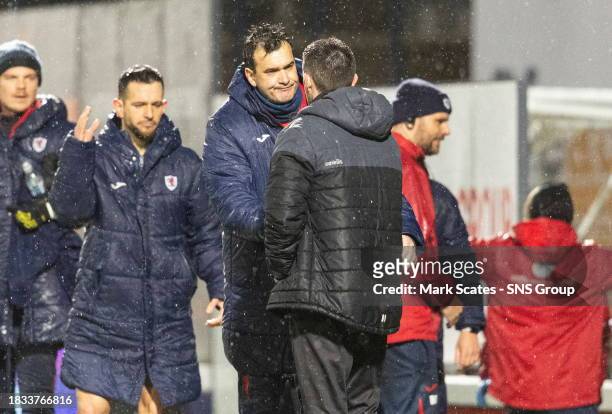 Raith Manager Ian Murray and Partick Thistle Manager Kris Doolan shake hands at full time during a cinch Championship match between Raith Rovers and...
