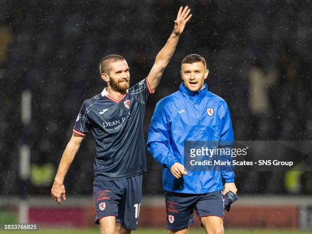 Raith's Sam Stanton and Ross Matthews celebrate at full time during a cinch Championship match between Raith Rovers and Partick Thistle at Stark's...