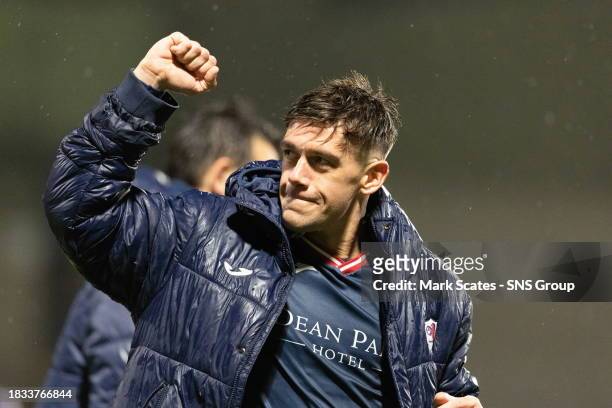 Raith's Josh Mullin celebrates at full time during a cinch Championship match between Raith Rovers and Partick Thistle at Stark's Park, on December...