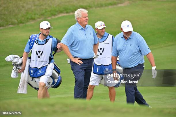 Colin Montgomerie of Scotland and Darren Clarke of Northern Ireland play the eighth hole together during day two of afternoon Scotch Sixsome at the...