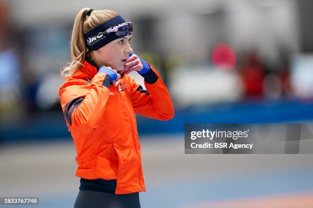 Joy Beune of The Netherlands competing on the Women's A group 3000m during the ISU Speed Skating World Cup at Arena Lodowa on December 8, 2023 in...