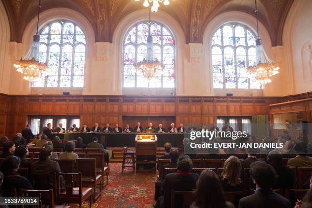 General view taken on March 12, 2012 of the International Court of Justice holds a public hearing in the case concerning Questions relating to the...